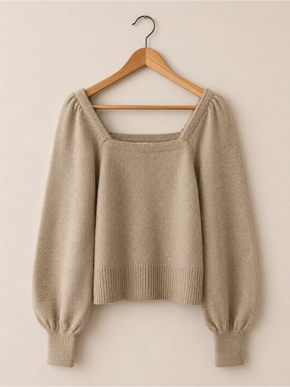 Anthropologie XS Taupe Beige Knit Sweater Square Neck Balloon Sleeve Boho - Picture 2 of 5